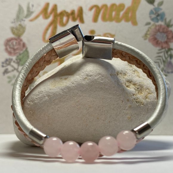 Natural Rose Quartz Beaded Bolo Braided Leather Mother and Daughter Bracelet - Picture 10 of 10